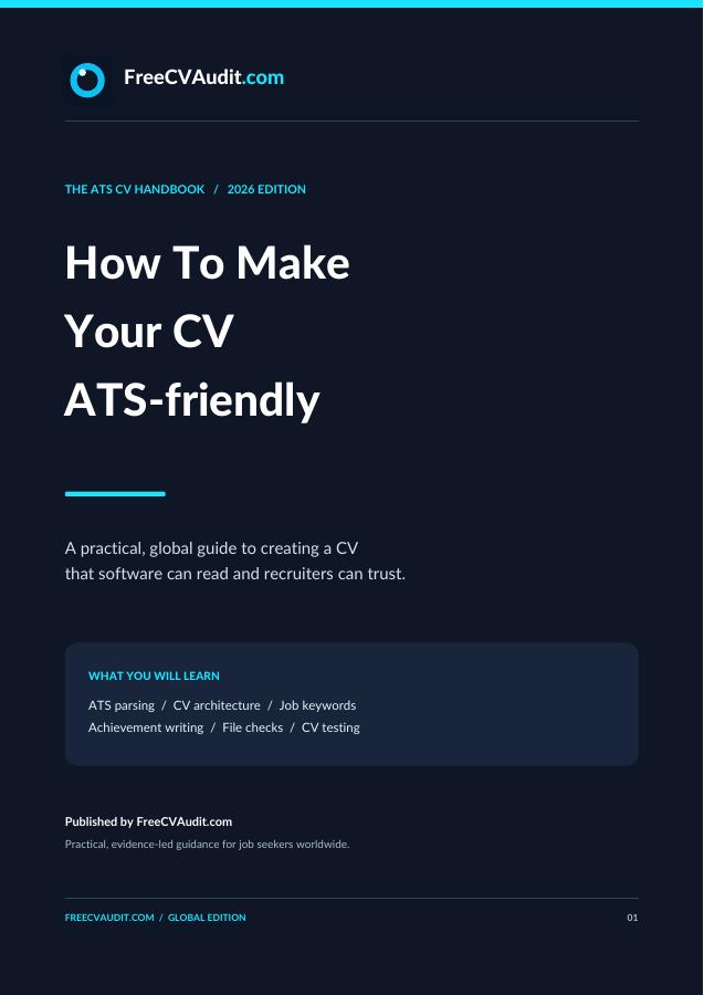 Cover of How To Make Your CV ATS-friendly, FreeCVAudit 2026 handbook
