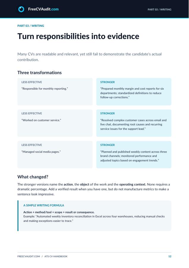 Sample page 12: Turn responsibilities into evidence, with before-and-after CV bullets